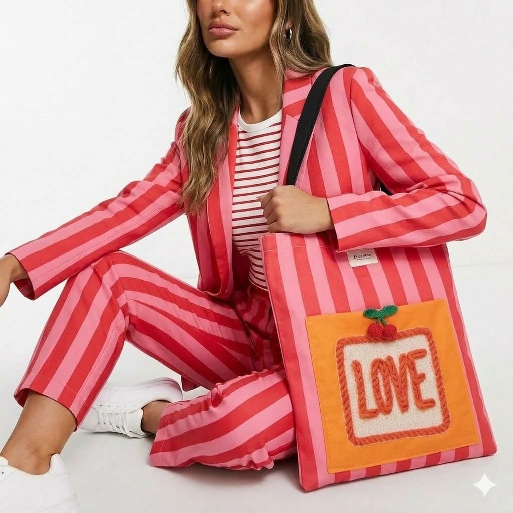 Tote bag artesanal Love bolsillo bordado rayas rosa rojo Encantos. Modelo 2