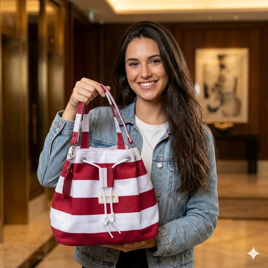 Bolso saco de rayas granate y blanco, estilo editorial