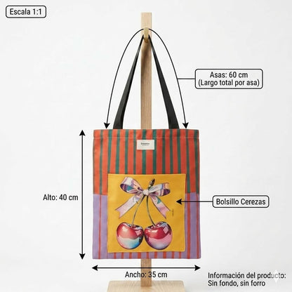 Tote bag artesanal cerezas lazo rayas naranja lila Encantos . Medidas