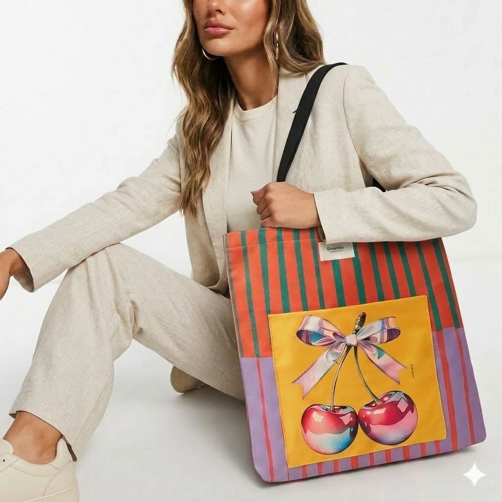 Tote bag artesanal cerezas lazo rayas naranja lila Encantos . Modelo 1