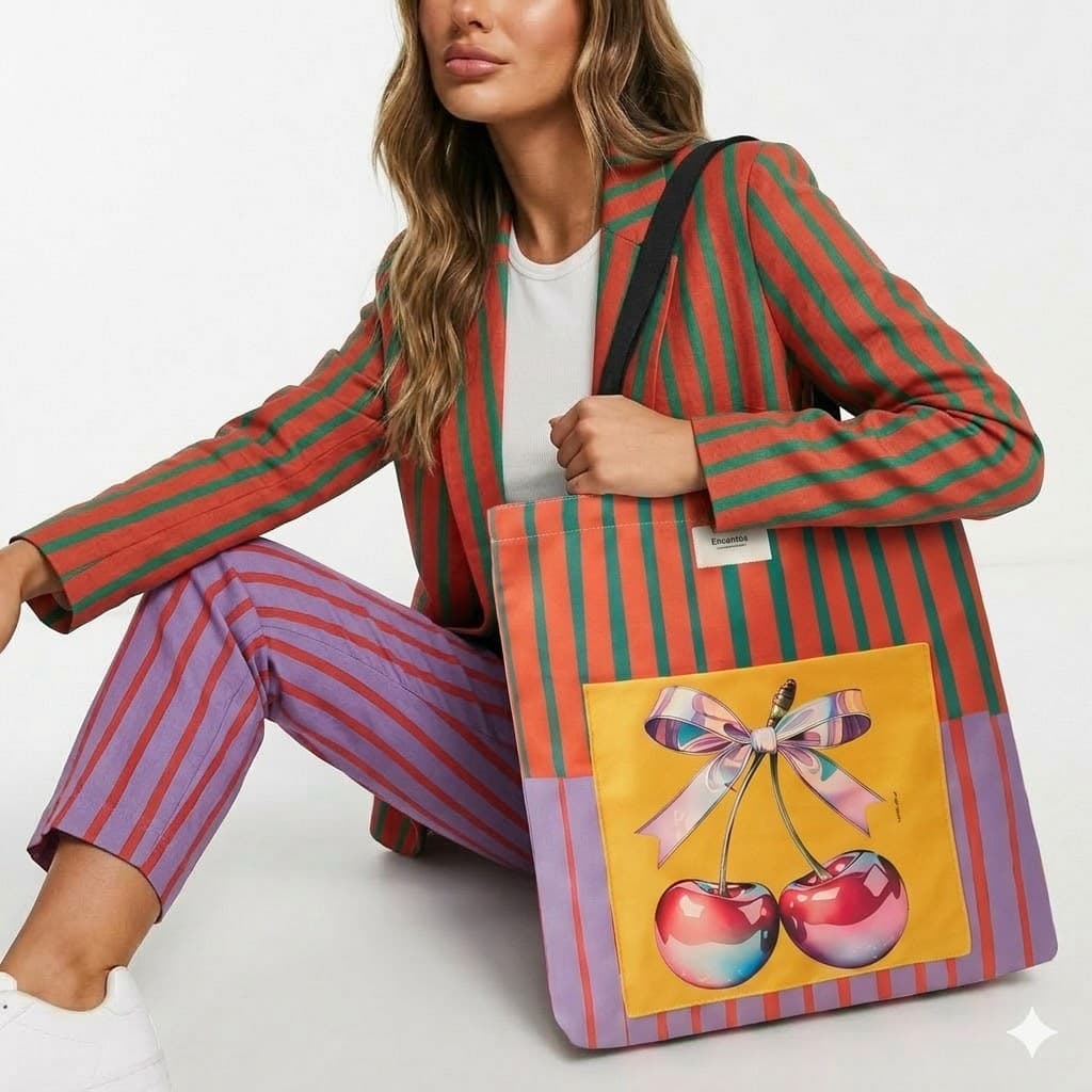 Tote bag artesanal cerezas lazo rayas naranja lila Encantos . Modelo 2