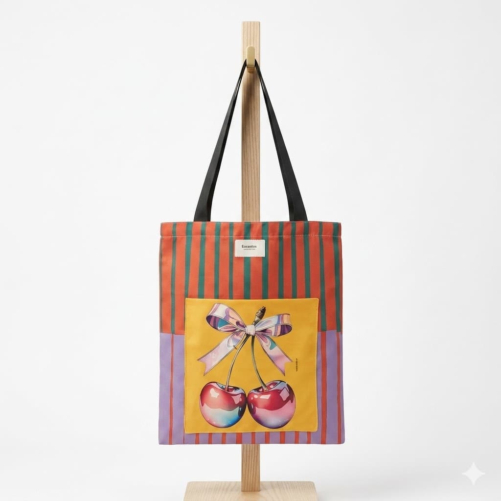 Tote bag artesanal cerezas lazo rayas naranja lila Encantos . Frontal