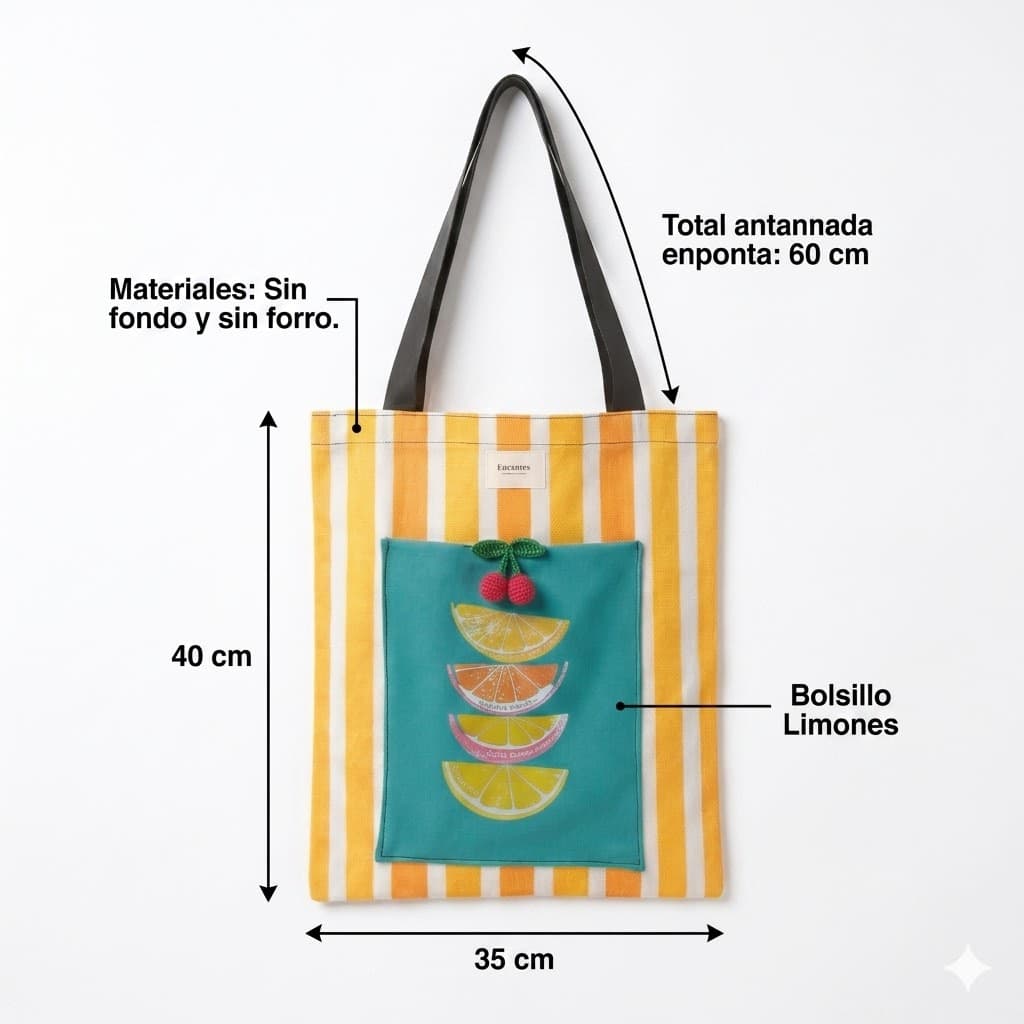 Tote bag artesanal limones rayas amarillo naranja Encantos. Medidas