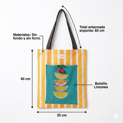 Tote bag artesanal limones rayas amarillo naranja Encantos. Medidas