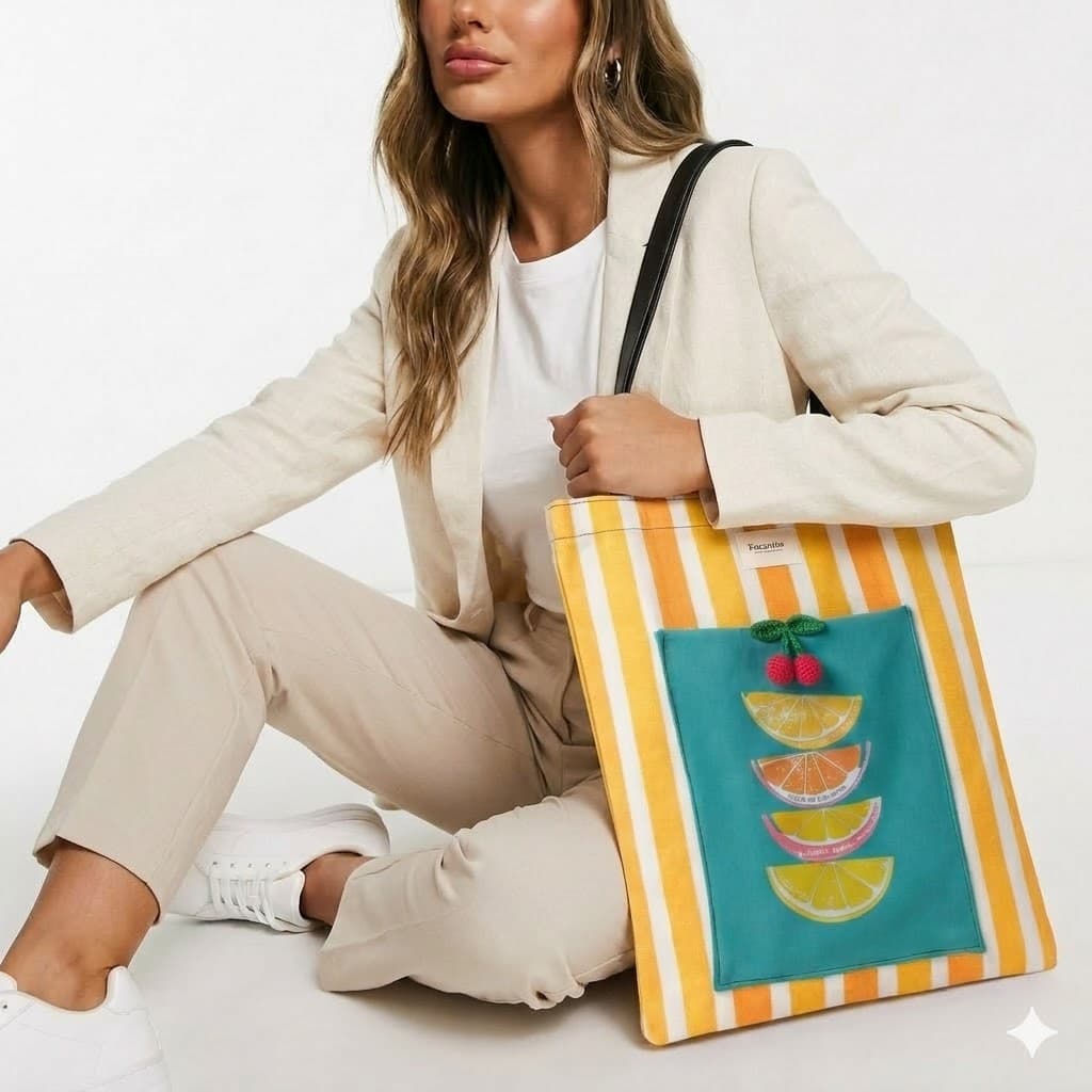 Tote bag artesanal limones rayas amarillo naranja Encantos. Modelo 1