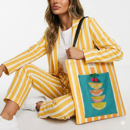 Tote bag artesanal limones rayas amarillo naranja Encantos. Modelo 2