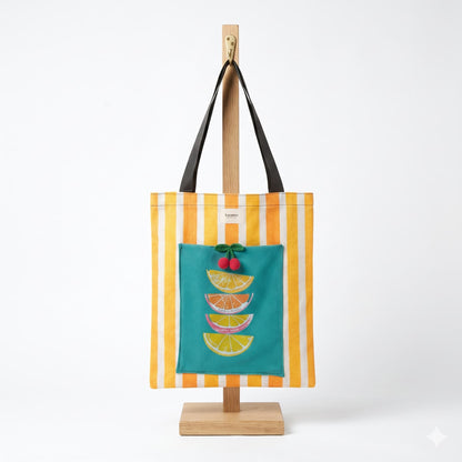 Tote bag artesanal limones rayas amarillo naranja Encantos. frontal