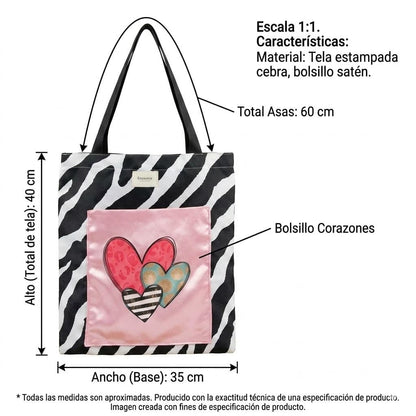 Tote bag artesanal cebra corazones satén rosa Encantos. Medidas
