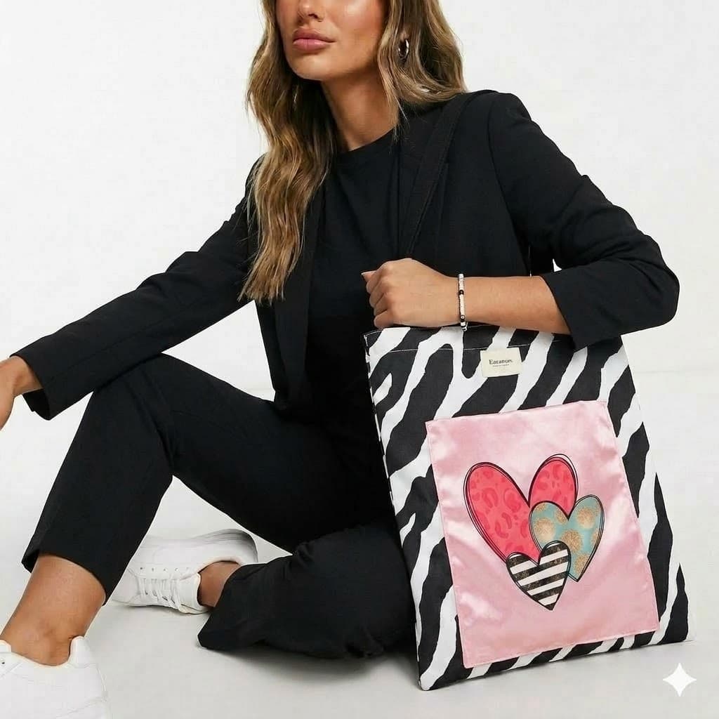 Tote bag artesanal cebra corazones satén rosa Encantos. Modelo 1