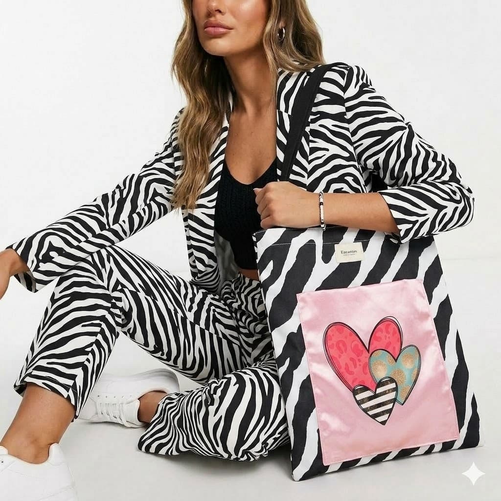 Tote bag artesanal cebra corazones satén rosa Encantos. Modelo 2
