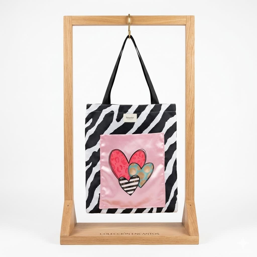 Tote bag artesanal cebra corazones satén rosa Encantos. Frontal