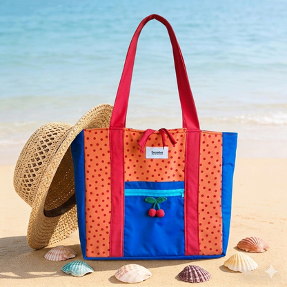 Bolsa Tote Cerezas — Encantos en colores vibrantes con detalles de cerezas, ideal para la playa o salidas casuales, junto a un sombrero de paja y conchas marinas.