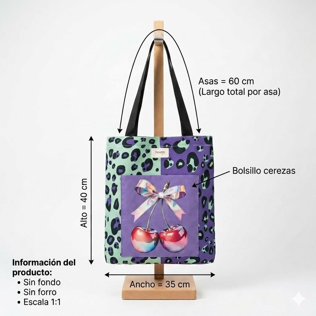 Tote bag artesanal leopardo menta lila cerezas lazo Encantos. medidas