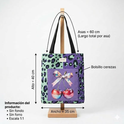 Tote bag artesanal leopardo menta lila cerezas lazo Encantos. medidas