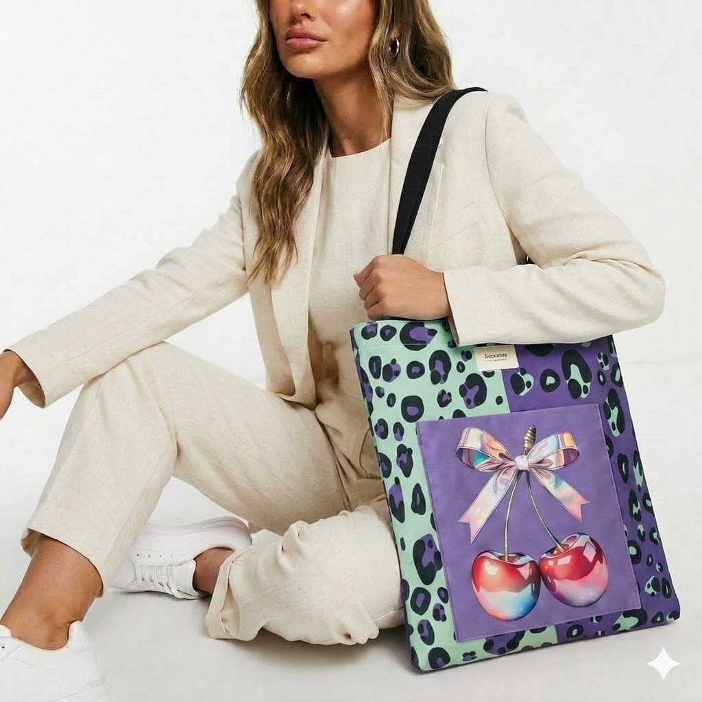 Tote bag artesanal leopardo menta lila cerezas lazo Encantos. Modelo 1