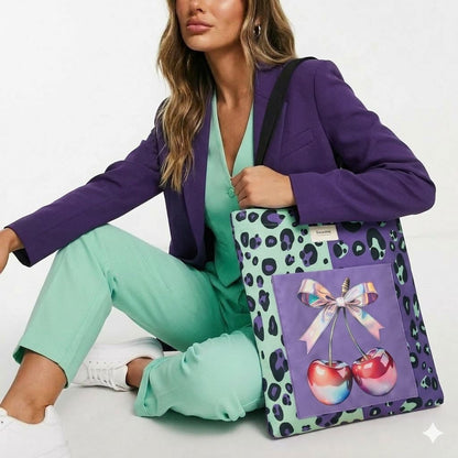 Tote bag artesanal leopardo menta lila cerezas lazo Encantos. Modelo 2