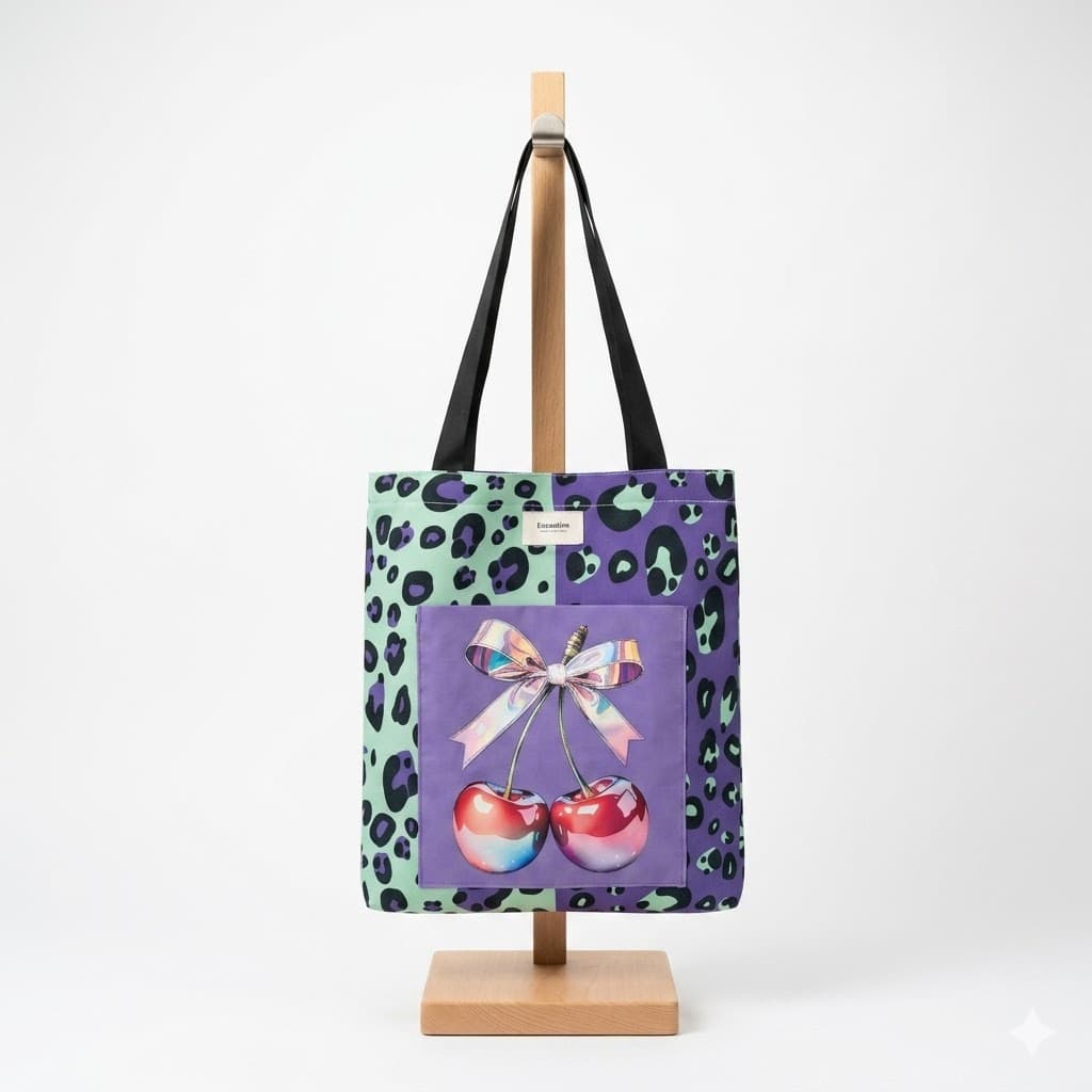 Tote bag artesanal leopardo menta lila cerezas lazo Encantos. Frontal
