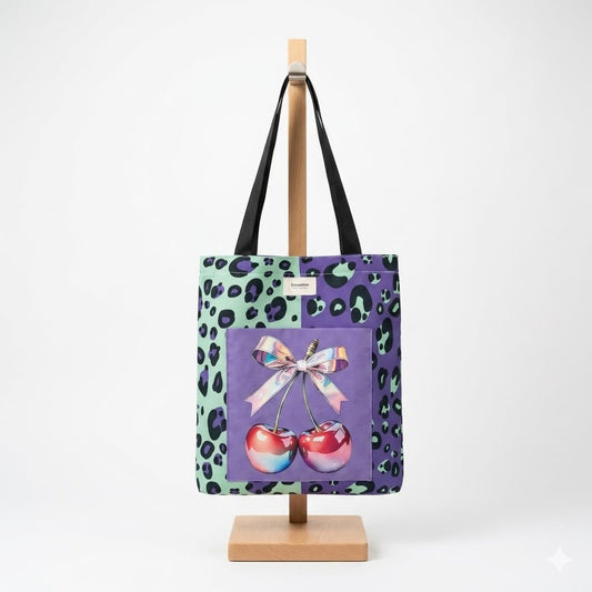 Tote bag artesanal leopardo menta lila cerezas lazo Encantos. Frontal
