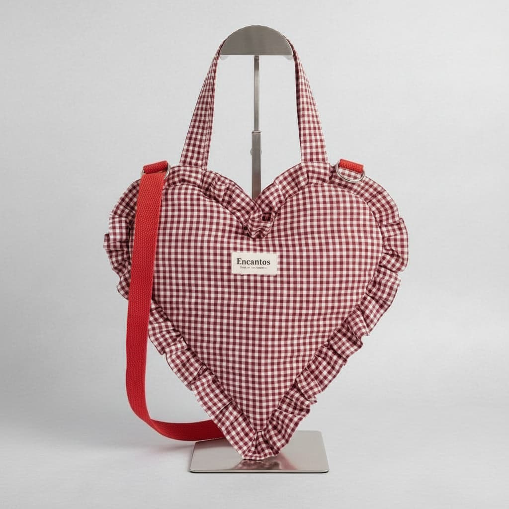 Bolso corazón con volantes vichy burdeos - vista frontal con bandolera