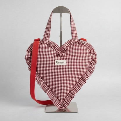 Bolso corazón con volantes vichy burdeos - vista frontal con bandolera