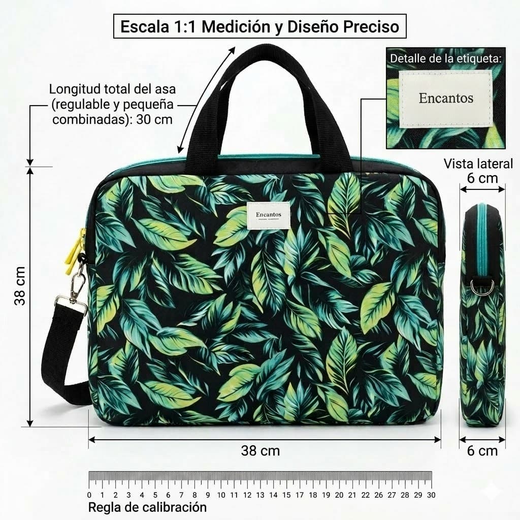 Bolso laptop hojas tropicales - medidas 38x38x6 cm, asa 30 cm, bandolera ajustable