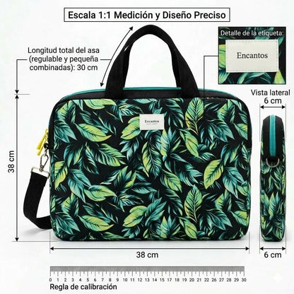 Bolso laptop hojas tropicales - medidas 38x38x6 cm, asa 30 cm, bandolera ajustable