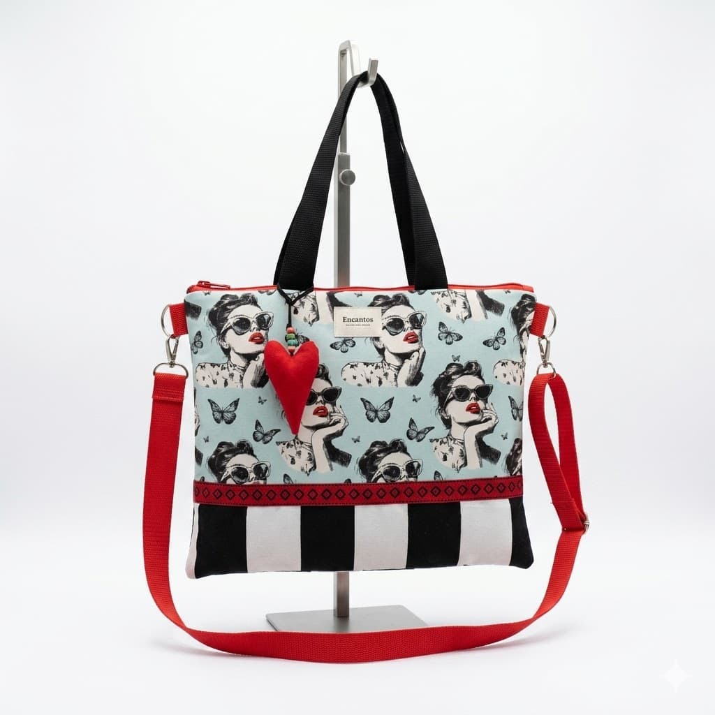 Bolso Colección Carolina estampado mujeres con mariposas, asas negras y bandolera roja – vista frontal sobre fondo blanco