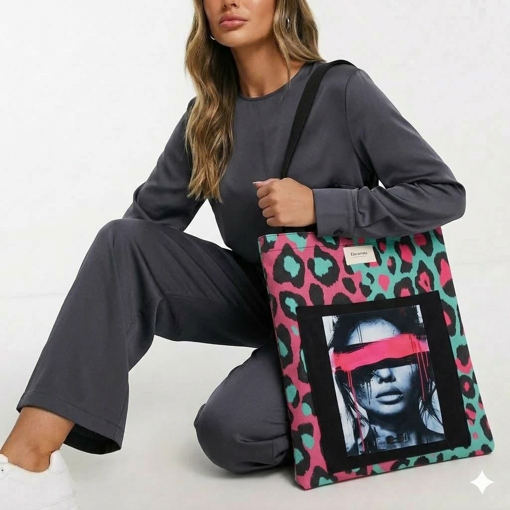 Detalle del retrato urbano en tote bag leopardo menta rosa hecho a mano
