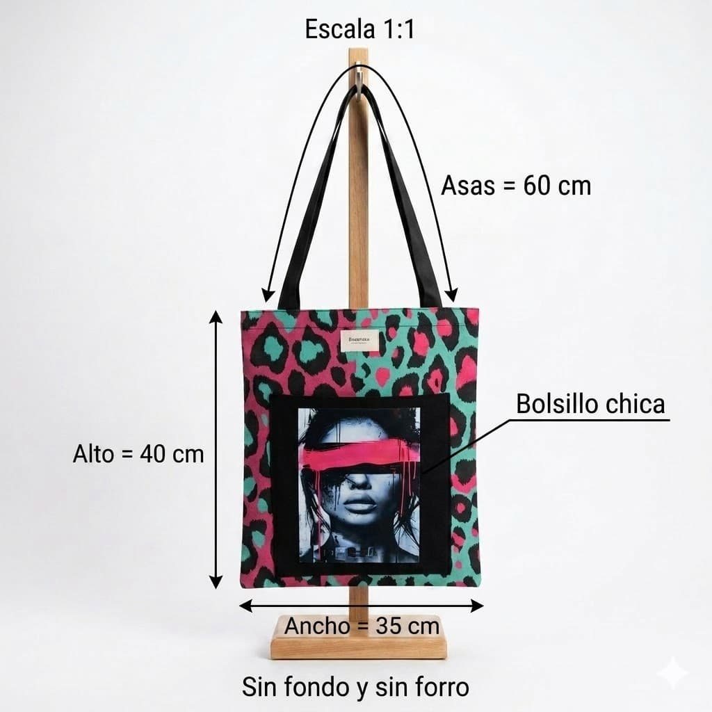 Tote bag leopardo menta rosa artesanal en uso, bolso urbano verano Encantos. medidas