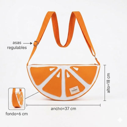 Bolso Media Luna Naranja Gajos Artesanal Encantos - medidas 37x18x6 cm asas regulables
