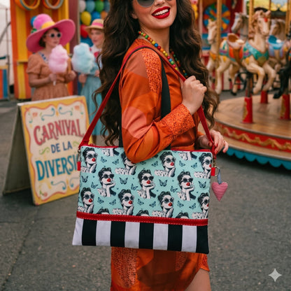 Tote bag artesanal pin-up vintage con estampado retro en azul celeste, rayas blancas y negras, asas negras y bandolera roja