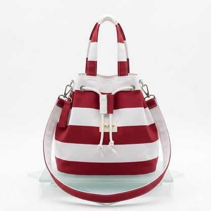 Bolso saco de rayas granate y blanco, vista frontal, hecho a mano