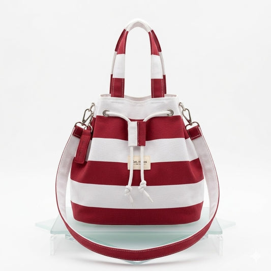 Bolso saco de rayas granate y blanco, vista frontal, hecho a mano