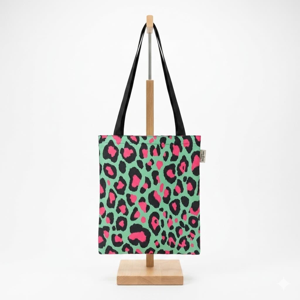 Tote bag leopardo menta rosa retrato urbano artesanal Encantos, vista trasera