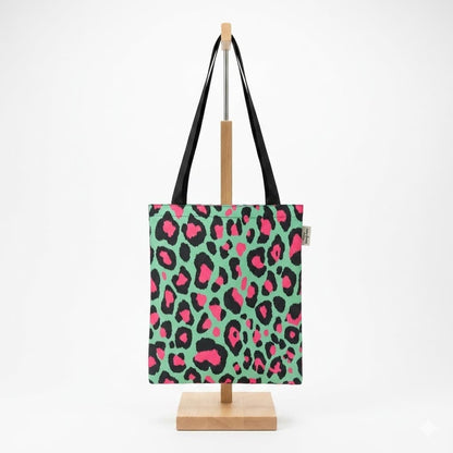 Tote bag leopardo menta rosa retrato urbano artesanal Encantos, vista trasera
