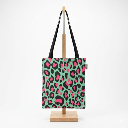 Tote bag leopardo menta rosa retrato urbano artesanal Encantos, vista trasera