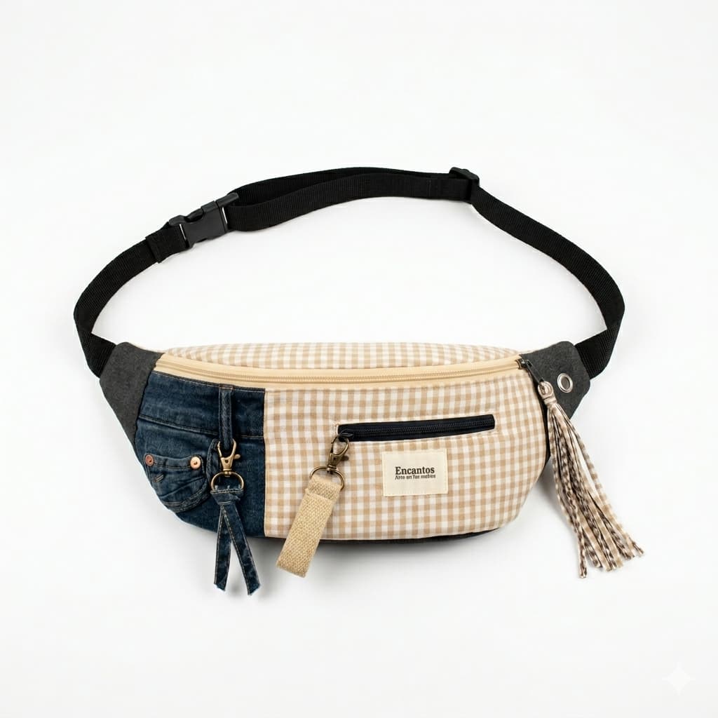Riñonera Gingham Denim con diseño combinado de tela gingham beige y detalles en mezclilla azul, cuenta con varios bolsillos y cierre con cremallera, estilo casual.