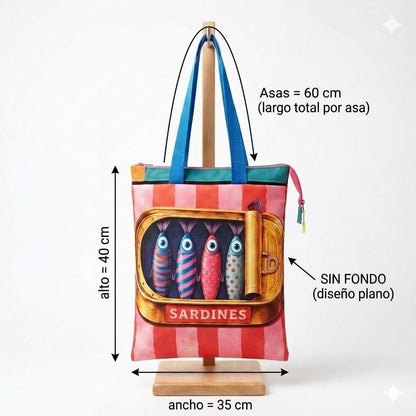 Tote bag sardines rayas rosa rojo artesanal Encantos, Medias