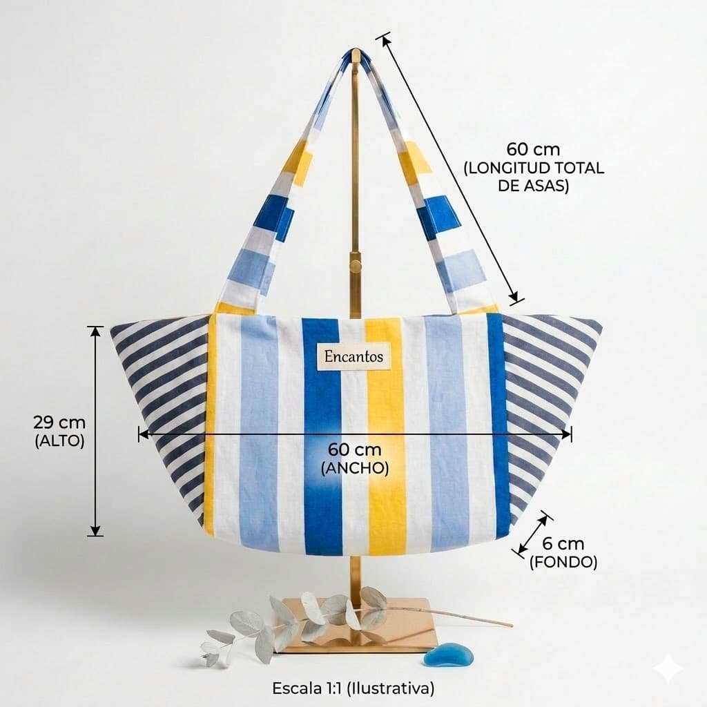 Bolso playero de rayas mediterráneas azul y amarillo – medidas: 60cm ancho, 29cm alto, 6cm fondo, asas 60cm