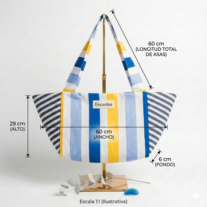 Bolso playero de rayas mediterráneas azul y amarillo – medidas: 60cm ancho, 29cm alto, 6cm fondo, asas 60cm