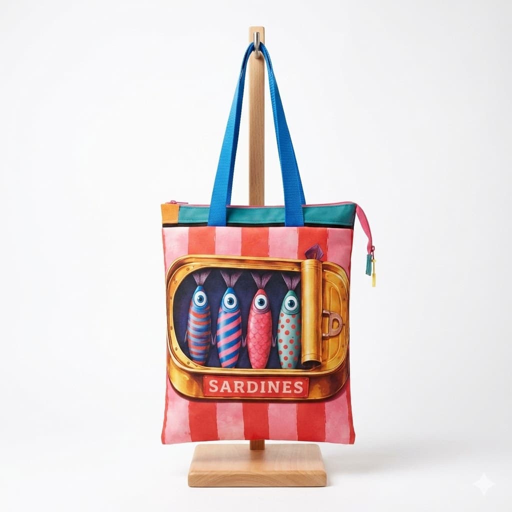 Tote bag artesanal sardines sobre rayas rosa y rojo con forro interior, vista frontal
