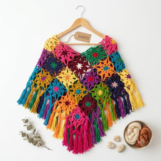 Poncho crochet multicolor granny square con flecos en percha, etiqueta Encantos