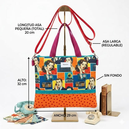 Medidas bolso pop art Encantos: alto 32 cm, ancho 29 cm, asa corta 20 cm, bandolera larga regulable, sin fondo
