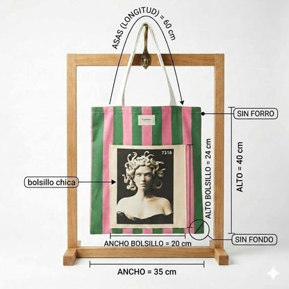 Tote bag artesanal medusa rayas verde rosa Encantos. Medidas