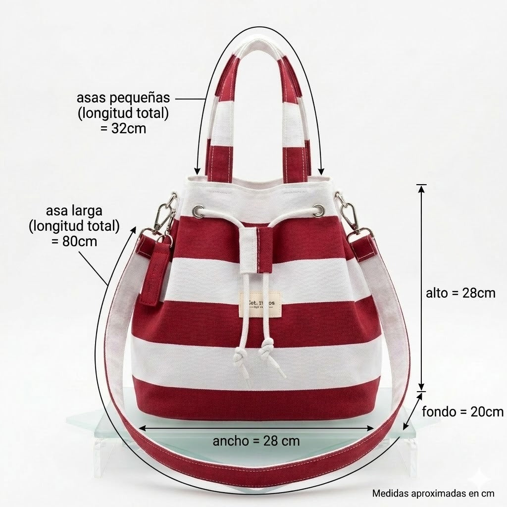 Bolso saco de rayas granate y blanco, vista frontal, hecho a mano. medidas