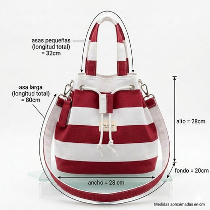 Bolso saco de rayas granate y blanco, vista frontal, hecho a mano. medidas