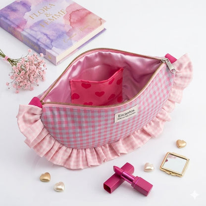 Bolso Media Luna Vichy Rosa abierto - interior forrado con bolsillo de corazones