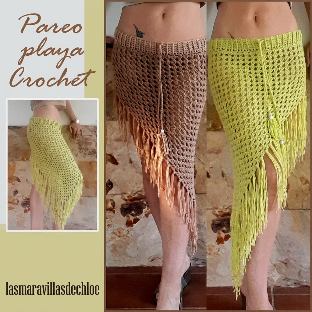 Collage pareo playa crochet asimétrico verde lima y tostado con flecos, etiqueta Encantos