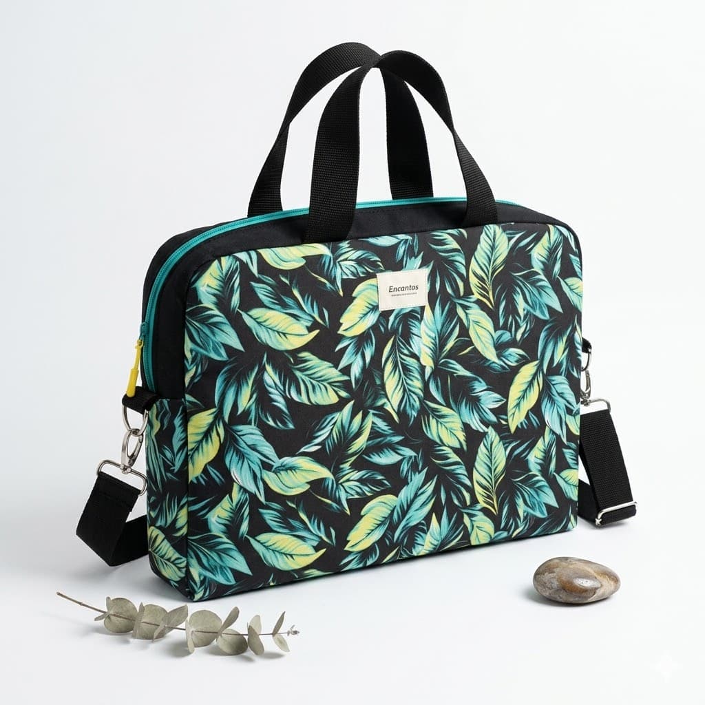 Bolso laptop hojas tropicales verde negro 15" Encantos - vista frontal fondo blanco