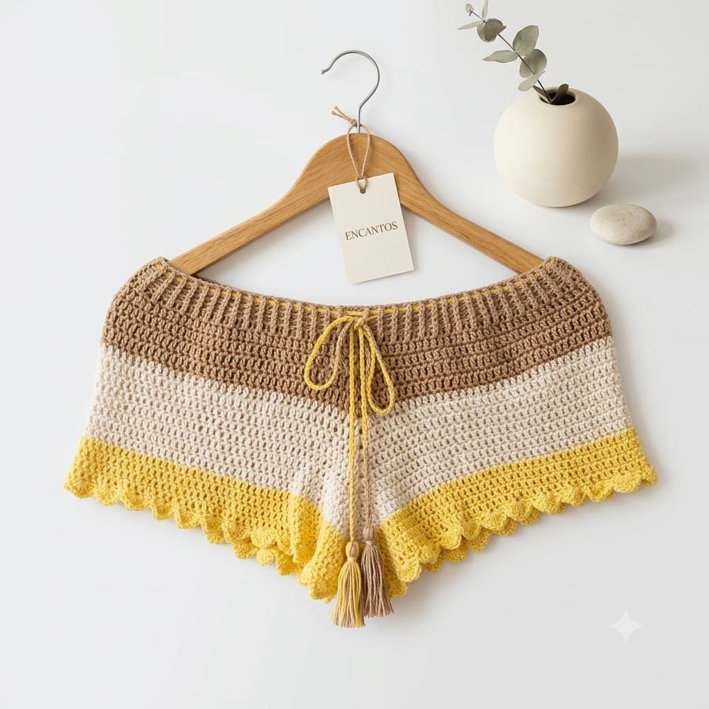 Short crochet tricolor camel crudo y amarillo con cordón y borlas, vista frontal